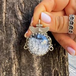 CIONDOLO PENDENTE ETNICO SCUDO AGATA DENDRITICA STILE TUAREG ARTIGIANALE ARGENTO 925