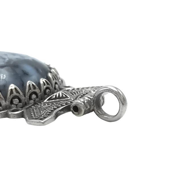 CIONDOLO PENDENTE ETNICO SCUDO AGATA DENDRITICA STILE TUAREG ARTIGIANALE ARGENTO 925