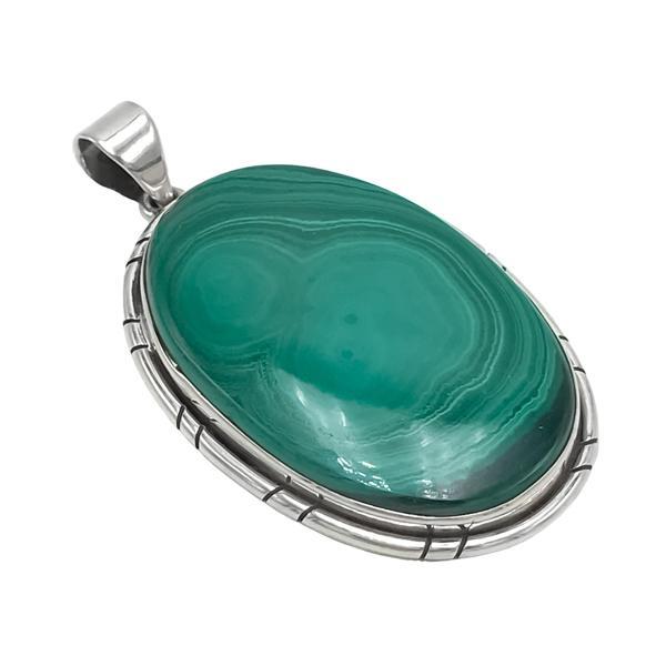 CIONDOLO BIG IPNOTICO PENDENTE ETNICO SCUDO MALACHITE OVALE ARTIGIANALE ARGENTO 925