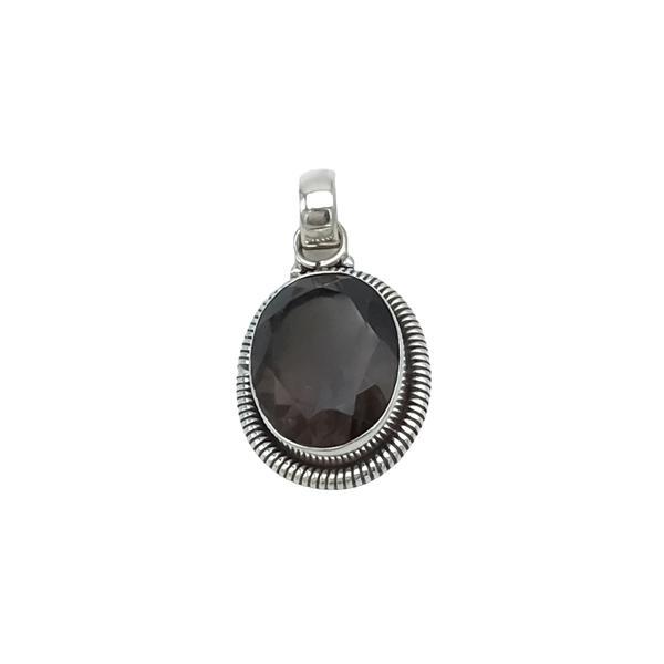 CIONDOLO PENDENTE OVALE CORNICE CORDA QUARZO FUME BRIOLETTE ARTIGIANALE ARGENTO 925