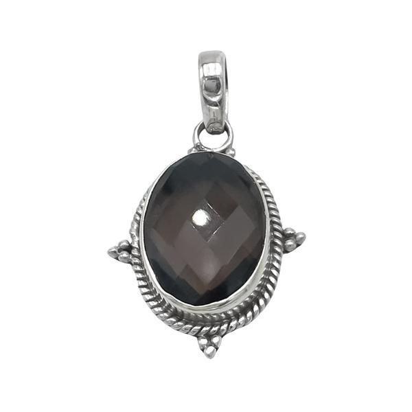 CIONDOLO PENDENTE OVALE CORNICE CORDA PUNTINATO QUARZO FUME BRIOLETTE ARTIGIANALE ARGENTO 925