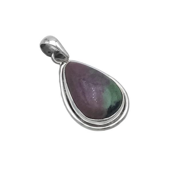 CIONDOLO PENDENTE GOCCIA CORNICE LISCIA ZOISITE CABOCHON ARTIGIANALE ARGENTO 925