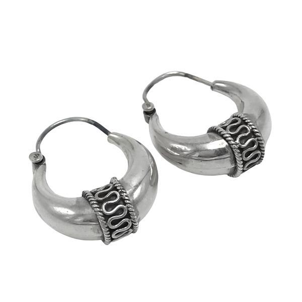ORECCHINI CERCHIO BIG ETNICO BOMBATO MEDIO FASCIA DECORATA ARGENTO 925