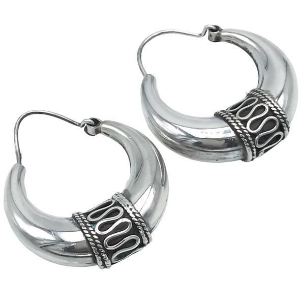 ORECCHINI CERCHIO BIG ETNICO BOMBATO GRANDE FASCIA DECORATA ARGENTO 925