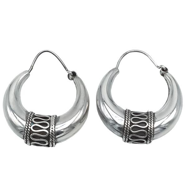 ORECCHINI CERCHIO BIG ETNICO BOMBATO GRANDE FASCIA DECORATA ARGENTO 925