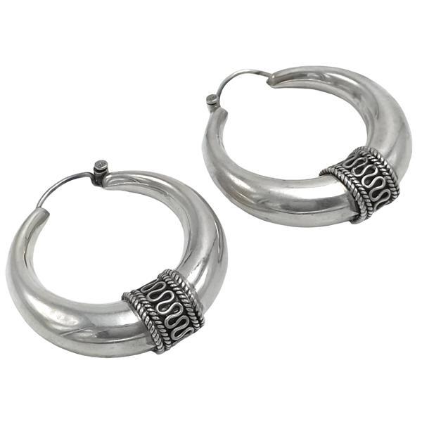 ORECCHINI CERCHIO BIG ETNICO BOMBATO GRANDISSIMO FASCIA DECORATA ARGENTO 925