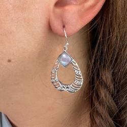 ORECCHINI PENDENTI ETNICO A GOCCIA GEMME CABOCHON ADULARIA  MONACHINA ARGENTO 925