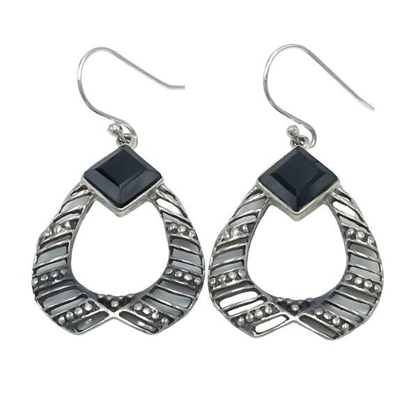 ORECCHINI PENDENTI ETNICO A GOCCIA GEMME BRIOLETTE OSSIDIANA  MONACHINA ARGENTO 925