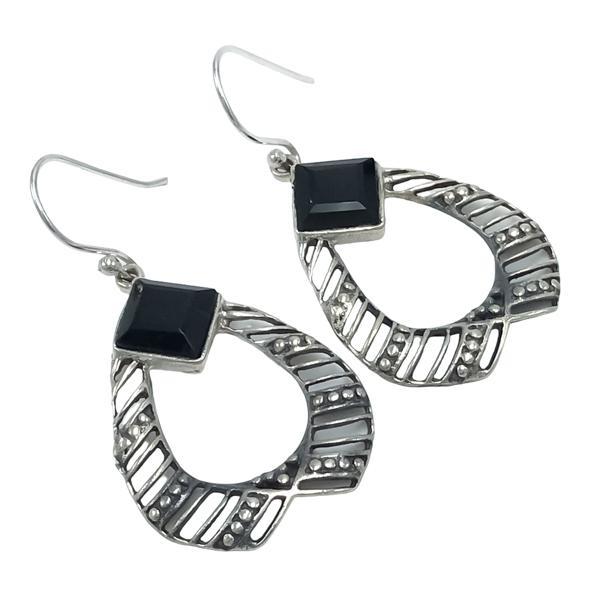 ORECCHINI PENDENTI ETNICO A GOCCIA GEMME BRIOLETTE OSSIDIANA  MONACHINA ARGENTO 925