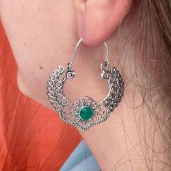ORECCHINI PENDENTI ETNICO MEZZA LUNA LAVORATO GEMME  BRIOLETTE AGATA VERDE MONACHINA ARGENTO 925