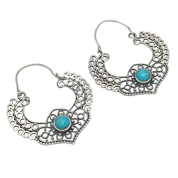 ORECCHINI PENDENTI ETNICO MEZZA LUNA LAVORATO GEMME CABOCHON TURCHESE MONACHINA ARGENTO 925