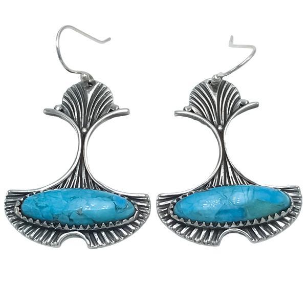 ORECCHINI PENDENTI ART DECO A VENTAGLIO GEMME CABOCHON TURCHESE  MONACHINA ARGENTO 925