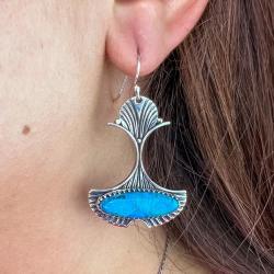 ORECCHINI PENDENTI ART DECO A VENTAGLIO GEMME CABOCHON TURCHESE  MONACHINA ARGENTO 925