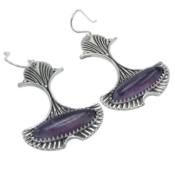 ORECCHINI PENDENTI ART DECO A VENTAGLIO GEMME CABOCHON AMETISTA  MONACHINA ARGENTO 925