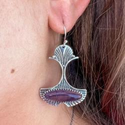 ORECCHINI PENDENTI ART DECO A VENTAGLIO GEMME CABOCHON AMETISTA  MONACHINA ARGENTO 925