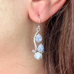 ORECCHINI PENDENTI MINIMAL GOCCIA GEMME CABOCHON ADULARIA  MONACHINA ARGENTO 925