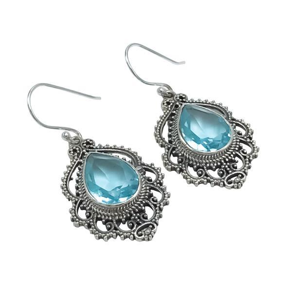 ORECCHINI PENDENTI ETNICO GOCCIA LAVORATO GEMME  BRIOLETTE ACQUAMARINA MONACHINA ARGENTO 925