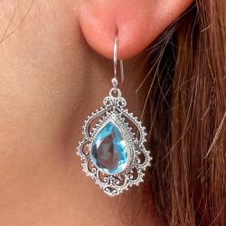 ORECCHINI PENDENTI ETNICO GOCCIA LAVORATO GEMME  BRIOLETTE ACQUAMARINA MONACHINA ARGENTO 925