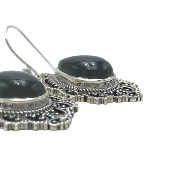 ORECCHINI PENDENTI ETNICO GOCCIA LAVORATO GEMME CABOCHON LABRADORITE MONACHINA ARGENTO 925