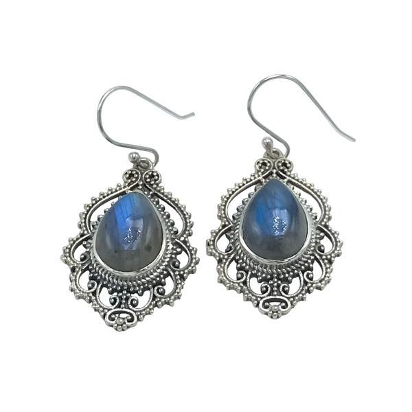 ORECCHINI PENDENTI ETNICO GOCCIA LAVORATO GEMME CABOCHON LABRADORITE MONACHINA ARGENTO 925