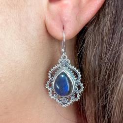 ORECCHINI PENDENTI ETNICO GOCCIA LAVORATO GEMME CABOCHON LABRADORITE MONACHINA ARGENTO 925