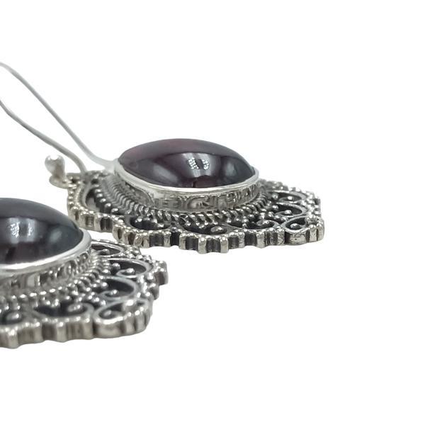 ORECCHINI PENDENTI ETNICO GOCCIA LAVORATO GEMME CABOCHON GRANATO MONACHINA ARGENTO 925