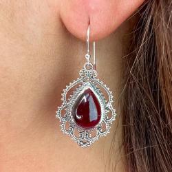 ORECCHINI PENDENTI ETNICO GOCCIA LAVORATO GEMME CABOCHON GRANATO MONACHINA ARGENTO 925