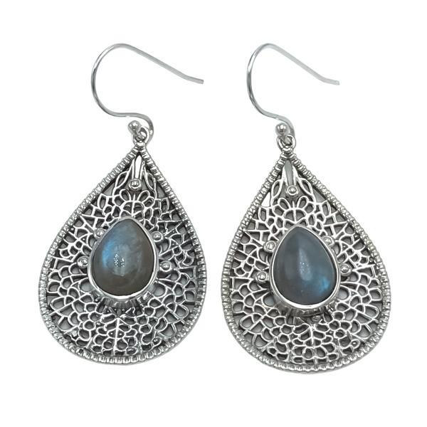 ORECCHINI PENDENTI ETNICO GOCCIA LAVORATO GEMME CABOCHON LABRADORITE  MONACHINA ARGENTO 925
