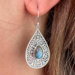 ORECCHINI PENDENTI ETNICO GOCCIA LAVORATO GEMME CABOCHON LABRADORITE  MONACHINA ARGENTO 925