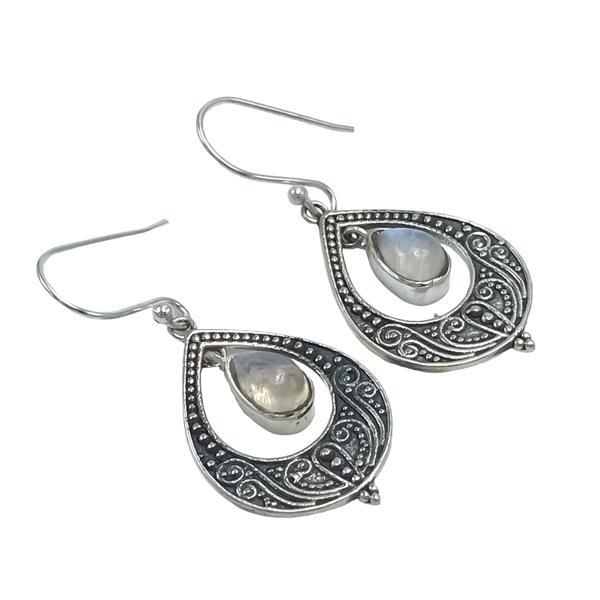 ORECCHINI PENDENTI ETNICO GOCCIA LAVORATO GEMME CABOCHON ADULARIA  MONACHINA ARGENTO 925