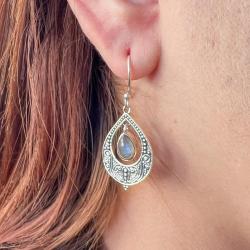 ORECCHINI PENDENTI ETNICO GOCCIA LAVORATO GEMME CABOCHON LABRADORITE  MONACHINA ARGENTO 925