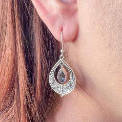 ORECCHINI PENDENTI ETNICO GOCCIA LAVORATO GEMME BRIOLETTE MYSTIC TOPAZ  MONACHINA ARGENTO 925