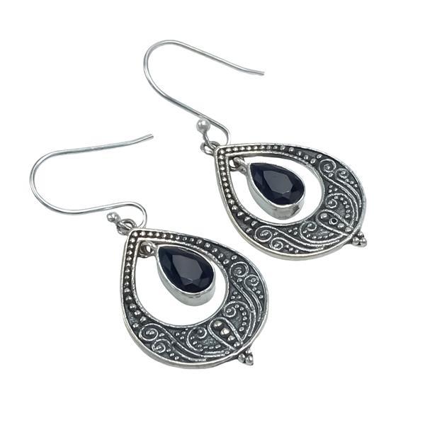ORECCHINI PENDENTI ETNICO GOCCIA LAVORATO GEMME BRIOLETTE AGATA BLU MONACHINA ARGENTO 925