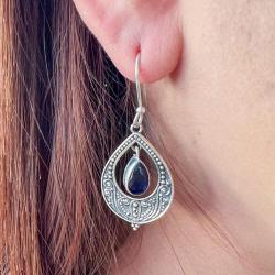 ORECCHINI PENDENTI ETNICO GOCCIA LAVORATO GEMME BRIOLETTE AGATA BLU MONACHINA ARGENTO 925