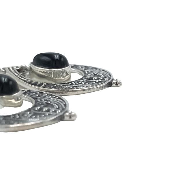 ORECCHINI PENDENTI ETNICO GOCCIA LAVORATO GEMME CABOCHON TORMALINA NERA  MONACHINA ARGENTO 925