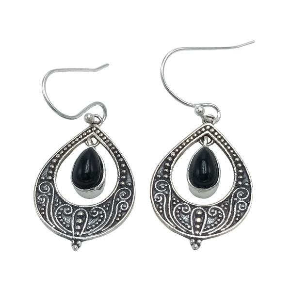 ORECCHINI PENDENTI ETNICO GOCCIA LAVORATO GEMME CABOCHON TORMALINA NERA  MONACHINA ARGENTO 925