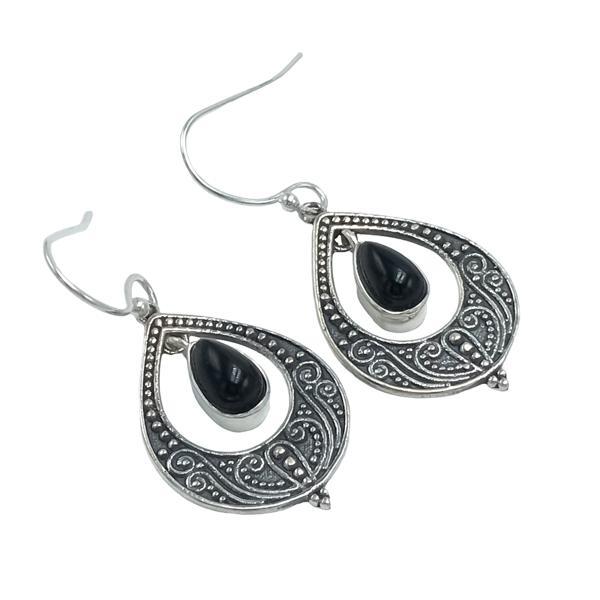 ORECCHINI PENDENTI ETNICO GOCCIA LAVORATO GEMME CABOCHON TORMALINA NERA  MONACHINA ARGENTO 925