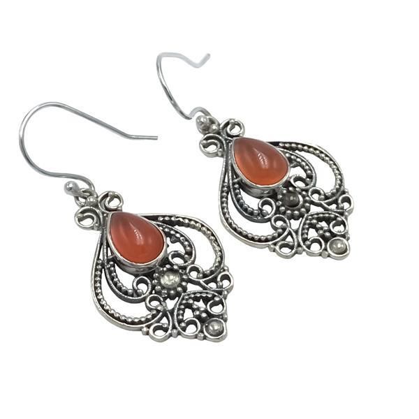 ORECCHINI PENDENTI ETNICO GOCCIA LAVORATO GEMME CABOCHON CORNIOLA  MONACHINA ARGENTO 925