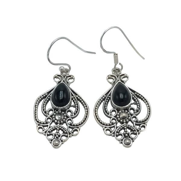 ORECCHINI PENDENTI ETNICO GOCCIA LAVORATO GEMME CABOCHON TORMALINA NERA  MONACHINA ARGENTO 925