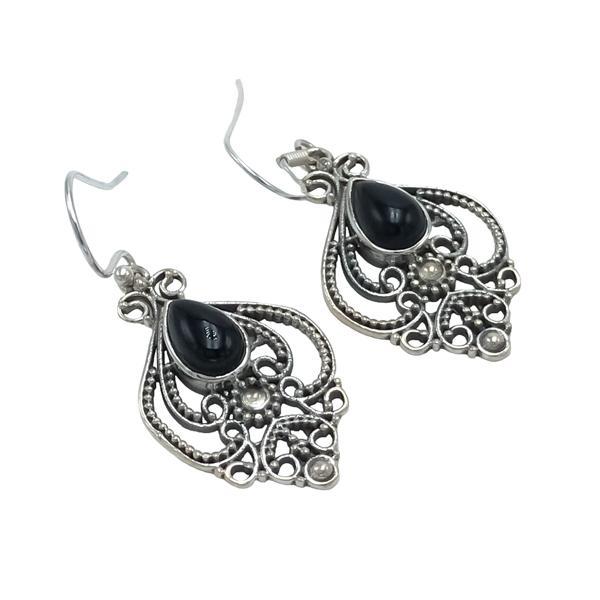 ORECCHINI PENDENTI ETNICO GOCCIA LAVORATO GEMME CABOCHON TORMALINA NERA  MONACHINA ARGENTO 925