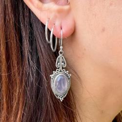 ORECCHINI PENDENTI ETNICO CON CORNICE  LAVORATA OVALE GEMME CABOCHON QUARZO ROSA MONACHINA ARGENTO 925