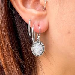 ORECCHINI PENDENTI ETNICO CON CORNICE  LAVORATA OVALE GEMME CABOCHON ADULARIA  MONACHINA ARGENTO 925