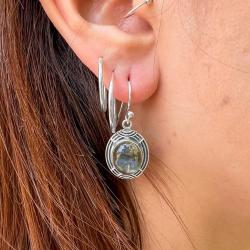 ORECCHINI PENDENTI ETNICO CON CORNICE  LAVORATA OVALE GEMME CABOCHON LABRADORITE  MONACHINA ARGENTO 925