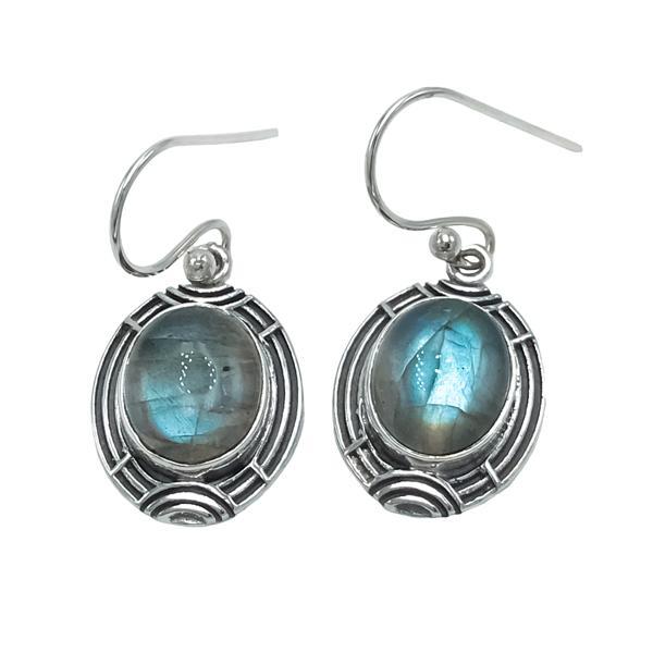 ORECCHINI PENDENTI ETNICO CON CORNICE  LAVORATA OVALE GEMME CABOCHON LABRADORITE  MONACHINA ARGENTO 925