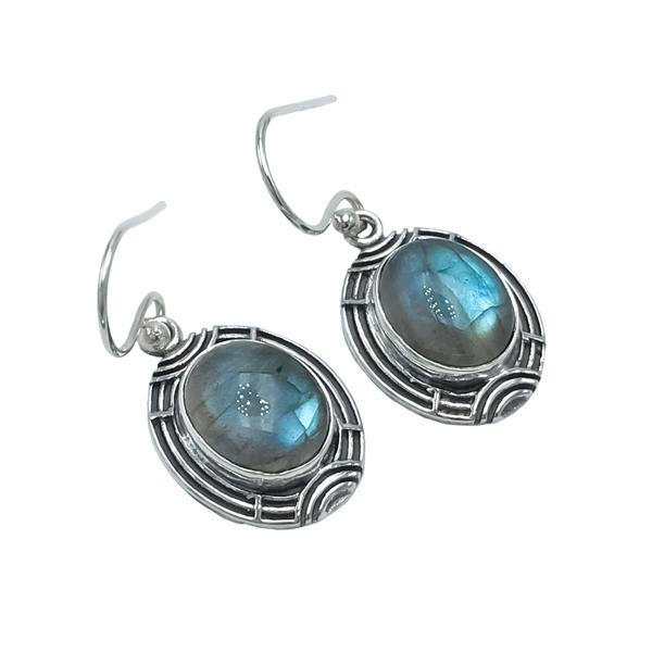 ORECCHINI PENDENTI ETNICO CON CORNICE  LAVORATA OVALE GEMME CABOCHON LABRADORITE  MONACHINA ARGENTO 925