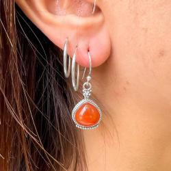 ORECCHINI PENDENTI ETNICO CON CORNICE CORDA A GOCCIA GEMME CABOCHON CORNIOLA  MONACHINA ARGENTO 925