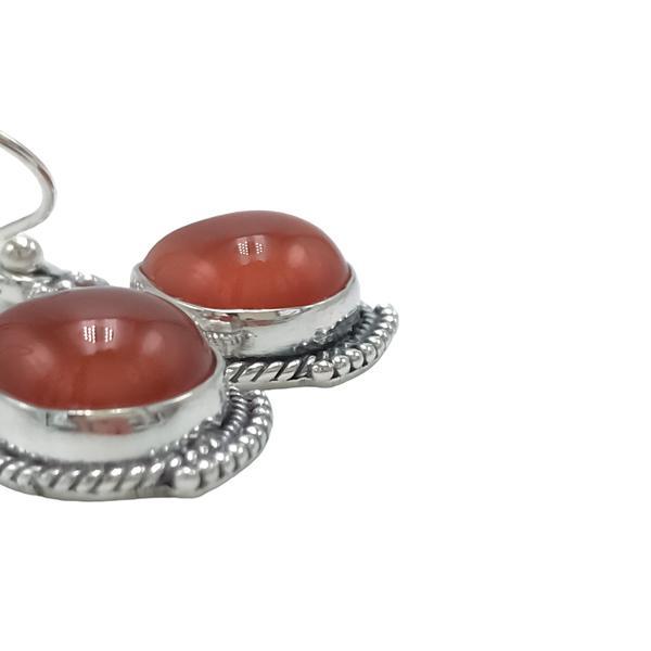 ORECCHINI PENDENTI ETNICO CON CORNICE CORDA A GOCCIA GEMME CABOCHON CORNIOLA  MONACHINA ARGENTO 925