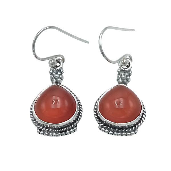 ORECCHINI PENDENTI ETNICO CON CORNICE CORDA A GOCCIA GEMME CABOCHON CORNIOLA  MONACHINA ARGENTO 925