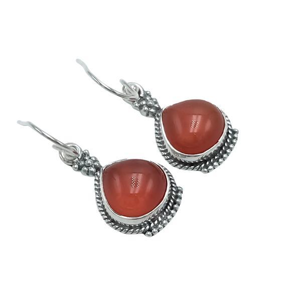 ORECCHINI PENDENTI ETNICO CON CORNICE CORDA A GOCCIA GEMME CABOCHON CORNIOLA  MONACHINA ARGENTO 925