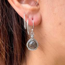 ORECCHINI PENDENTI ETNICO CON CORNICE CORDA A GOCCIA GEMME CABOCHON LABRADORITE  MONACHINA ARGENTO 925